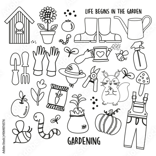 Сollection garden elements hand drawn outline