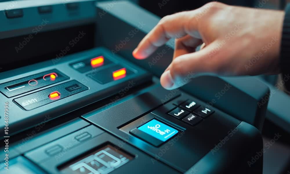 A hand interacting with an ATM touchscreen for a transaction. A hand interacting with an ATM touchscreen for a transaction.