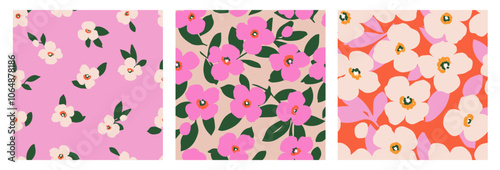 Set of hand drawn flowers, seamless patterns with floral for fabric, textiles, clothing, wrapping paper, cover, banner, interior decor, abstract backgrounds.