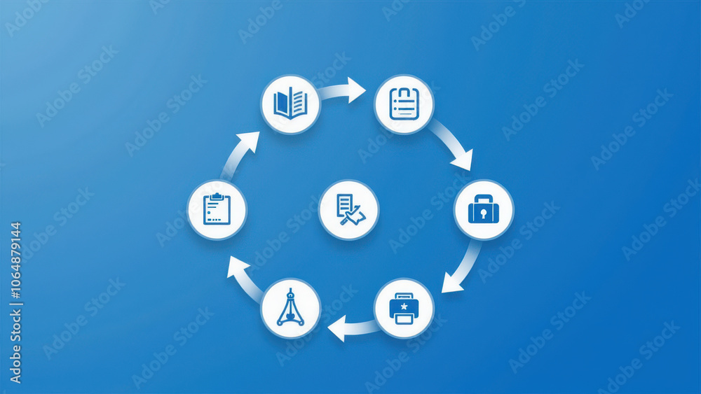 A circular diagram of interconnected icons representing a process or workflow.