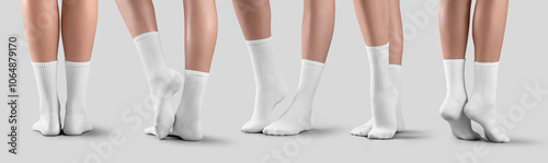Mockup of long white socks on beautiful female legs on tiptoes, stretched feet, side, back view, for design, branding. Set