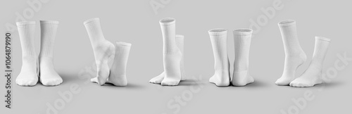 Mockup of white long socks 3D rendering, presentation of clothes on tiptoes, stretched feet, for design, side, back, front view. Set