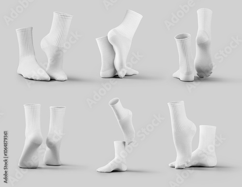 Mockup of white medium socks 3D rendering, presentation of gaiters on tiptoes, stretched feet, for design, side, back. Set photo