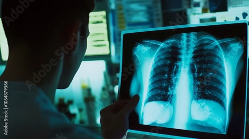 Aerial view of a coastal town devastated by ahurricane, with uprooted trees, destroyed homes,
Doctor carefully examines X-rayfilm of patient's lungs, identifyingCOVID-19 complications, withmedical ins photo