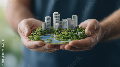 A man hands hold a detailed, tiny city model with various buildings, lush trees, and a meandering river flowing through. The scene is a blend of urban and natural elements, and the background is photo