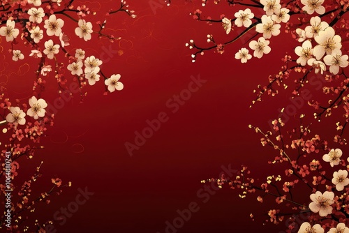 Spring blossom border over red background with copyspace. Chinese new year nature design. with generative ai