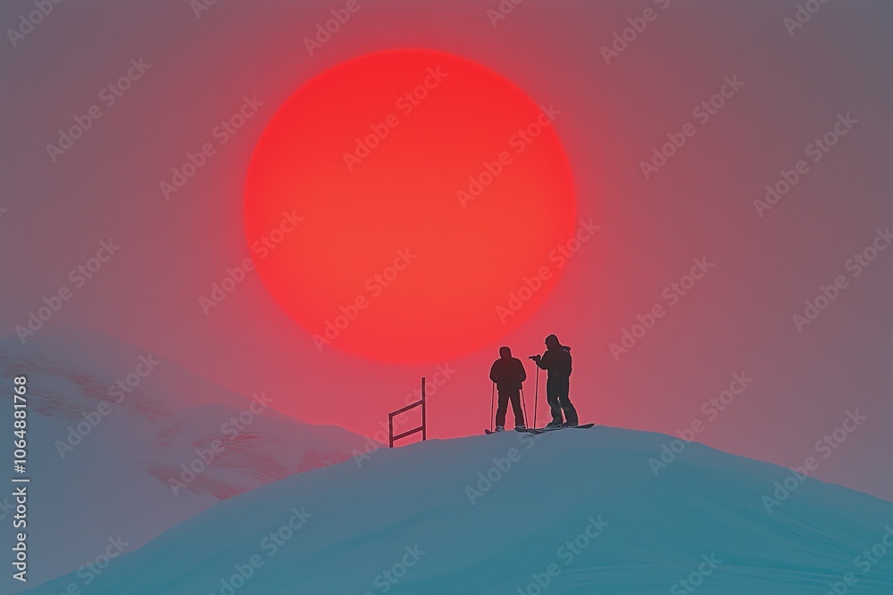 Fototapeta premium Silhouettes of hikers against a vibrant red sun on a snowy mountain.