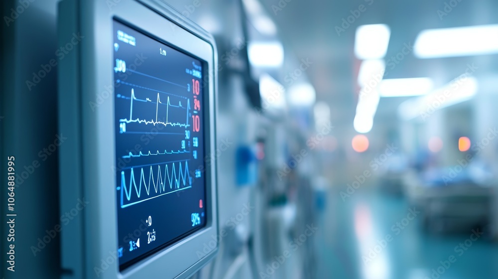 Hospital Heart Rate Monitor with EKG Line and Blurred Background Hospital Heart Rate Monitor with EKG Line and Blurred Background