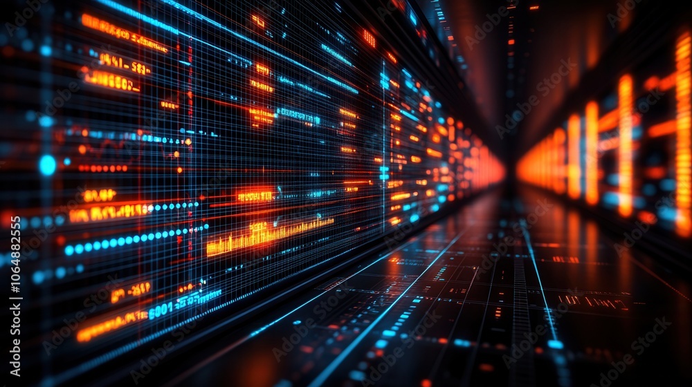 A futuristic digital tunnel featuring vibrant data streams in orange and blue tones, ideal for technology and innovation themes. A futuristic digital tunnel featuring vibrant data streams in orange and blue tones, ideal for technology and innovation themes.
