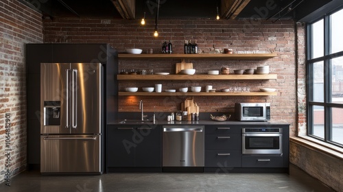 Modern kitchen with sleek appliances and wooden shelves showcasing dishware.