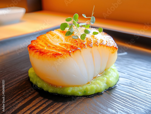 A close-up shot of an elegant seared scallop, perfectly marinated and served on top of a creamy green pea puree with fine dining presentation garnishes