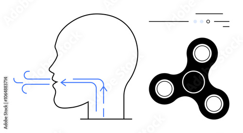 Human head exhaling air with arrows indicating airflow direction, accompanied by a three-pronged spinner toy. Ideal for health, mechanics, education, balance, science, relaxation, mindfulness themes