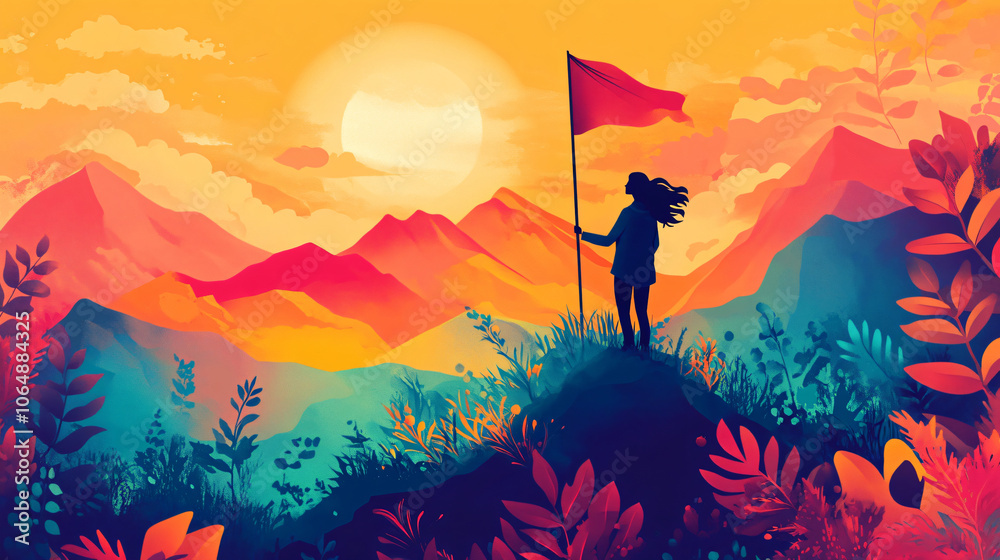 Triumph at the Summit Abstract Minimalistic Vector Art of Woman Planting Flag on Mountain Top, Symbolizing Personal Success with Light Gradients