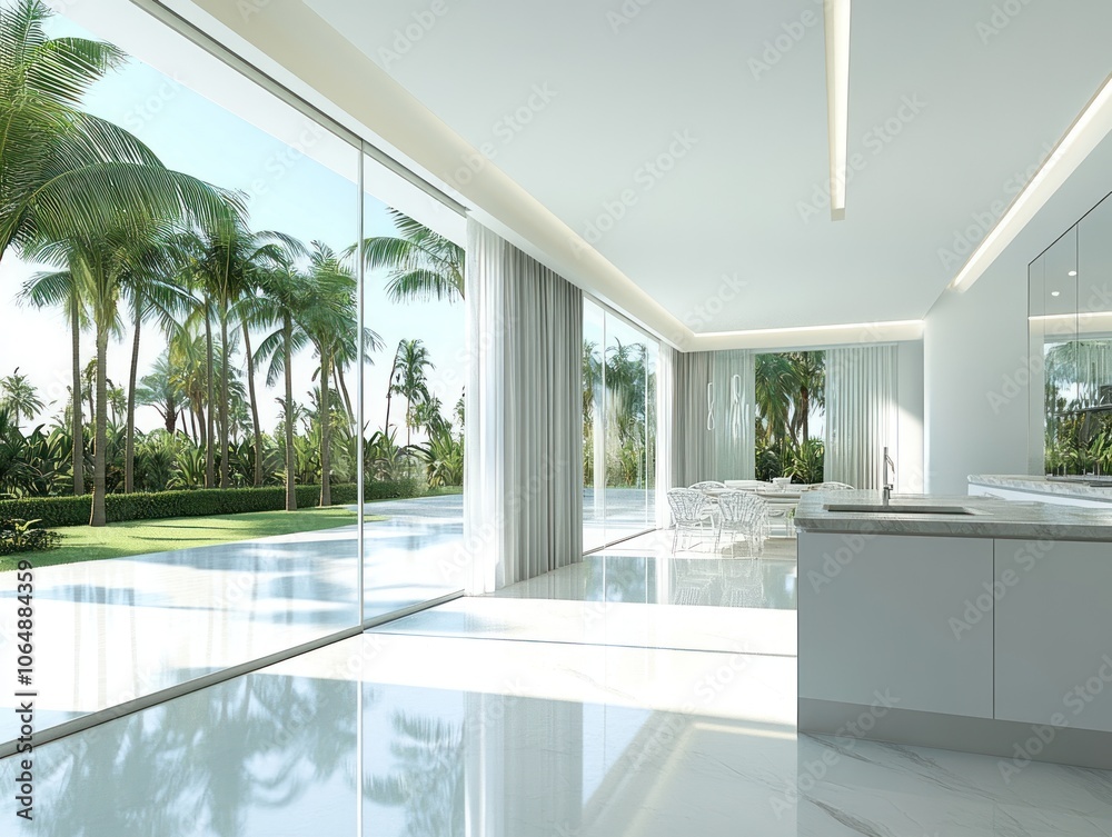 Modern interior with large windows showcasing a tropical landscape. Modern interior with large windows showcasing a tropical landscape.