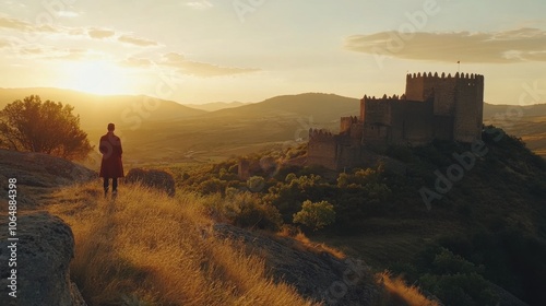 Breathtaking sunset over the medieval fortress of Javier in Navarre surrounded by lush hills and greenery photo