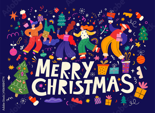 Merry Christmas holiday illustration. Christmas decorative illustration with fun people, Christmas tree and gifts. People are dancing, having fun and celebrating Christmas