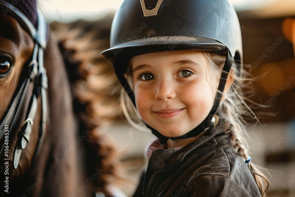 Generative AI illustration, equestrian sports lesson training, young person man woman kid learning to ride a horse Generative AI illustration, equestrian sports lesson training, young person man woman kid learning to ride a horse