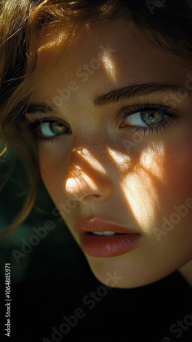 Sunlit Portrait of a Model with Brown Hair and Green Eyes photo