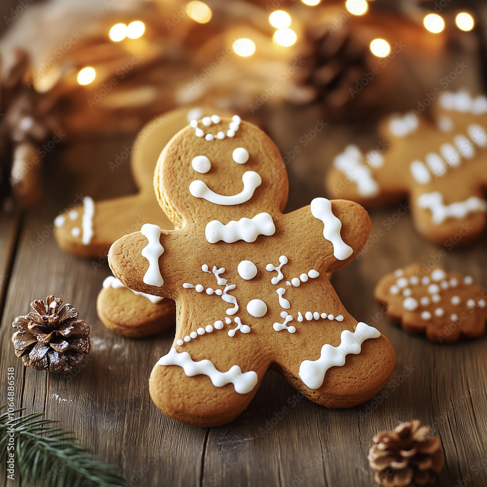 Decorated gingerbread cookies with icing, festive atmosphere, cozy wooden background Decorated gingerbread cookies with icing, festive atmosphere, cozy wooden background