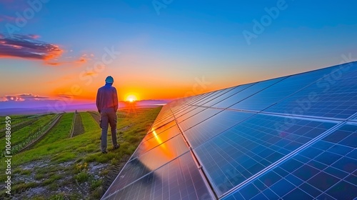 Farmer inspects crops and solar panels during a scenic sunset in his agricultural field