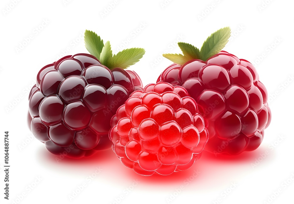 Three Ripe Raspberries With Green Leaves Three Ripe Raspberries With Green Leaves