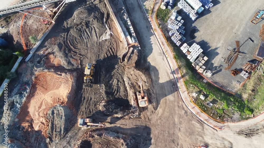 Imagem aérea de uma área de construção industrial com grandes caminhões e guindastes, destacando a movimentação no solo.