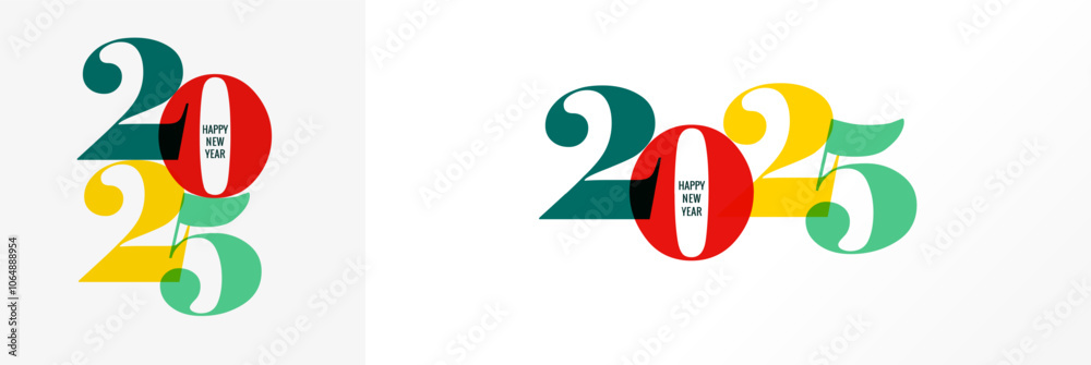 2025 Happy New Year multiple colorful numbers logo design concept. Vector typography design template with colorful 2025 lettering and Happy New Year text 2025 Happy New Year multiple colorful numbers logo design concept. Vector typography design template with colorful 2025 lettering and Happy New Year text