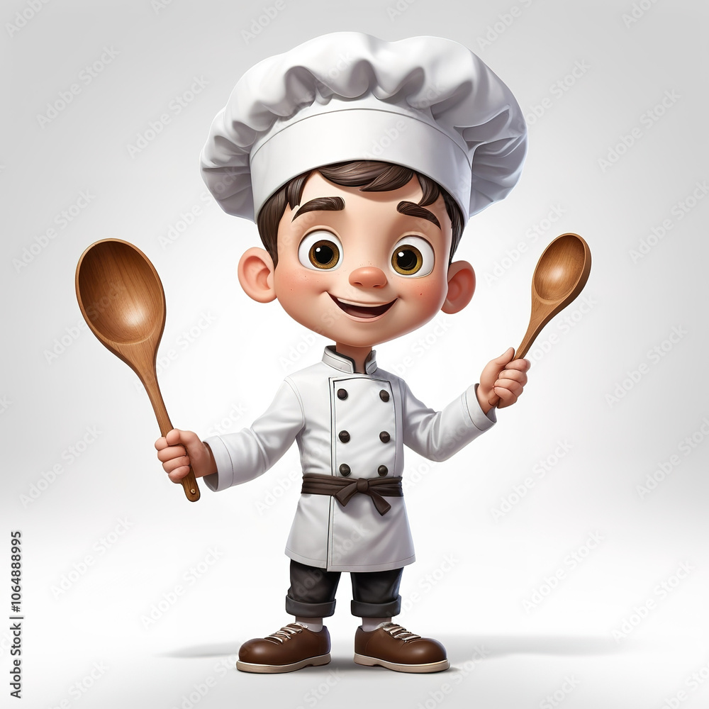 Cartoon boy chef holds spatula and spoon, ready to cook. Cartoon boy chef holds spatula and spoon, ready to cook.