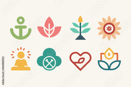 Abstract minimalist spirituality icon set featuring nature and meditation symbols