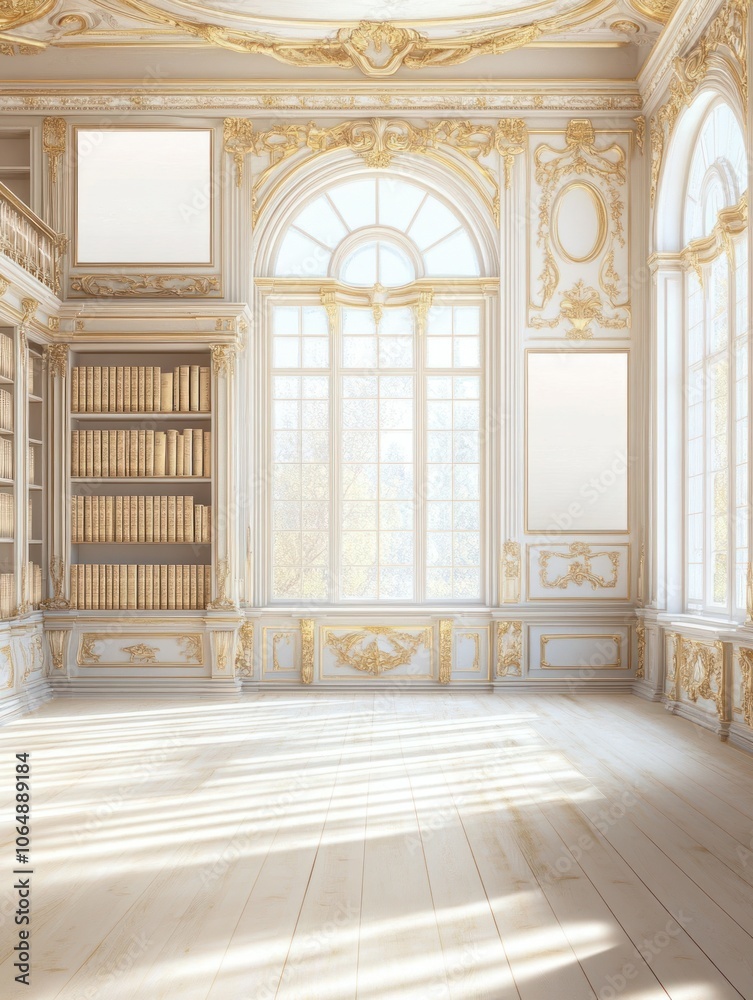 Elegant library interior with ornate details and large windows. Elegant library interior with ornate details and large windows.