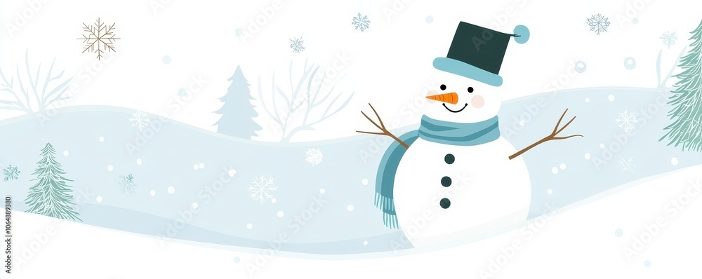 Cheerful Snowman in Snowy Landscape with Cozy Scarf and Hat Cheerful Snowman in Snowy Landscape with Cozy Scarf and Hat