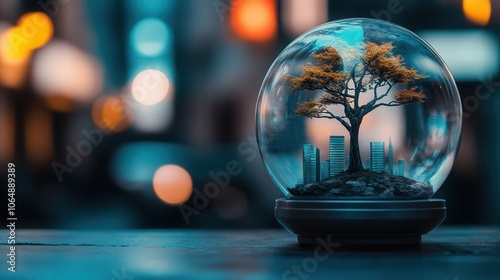 A serene snow globe featuring a tree, symbolizing nature within an urban setting, captured in tranquil blue and golden tones.