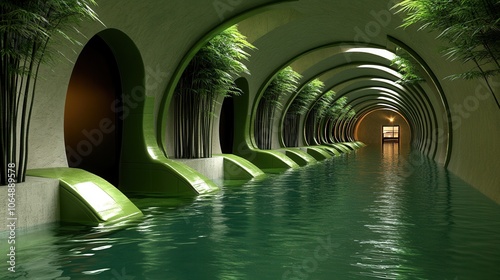 A serene underground waterway with smooth curves, lush greenery, and tranquil water, creating a modern and peaceful ambiance. photo