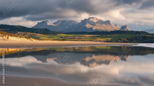 Golden sand dunes and Picos de Europa mountains reflected in tidal waters of Oyambre Natural Park on a cloudy morning photo