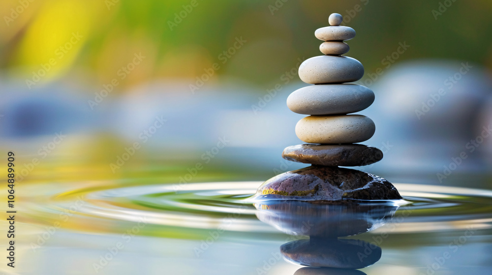 Stacked stones balanced on a rock in calm water, surrounded by gentle ripples, symbolizing tranquility, balance, and peacefulness in nature