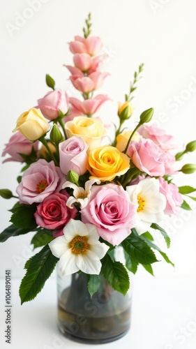 A bouquet of pink, yellow, and white flowers arranged in a clear vase with a white background