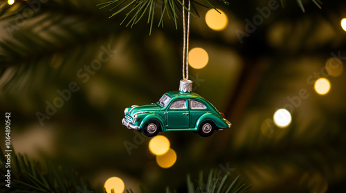 Christmas Car Ornament Hanging from Fir Tree with Soft Blurred Lights photo