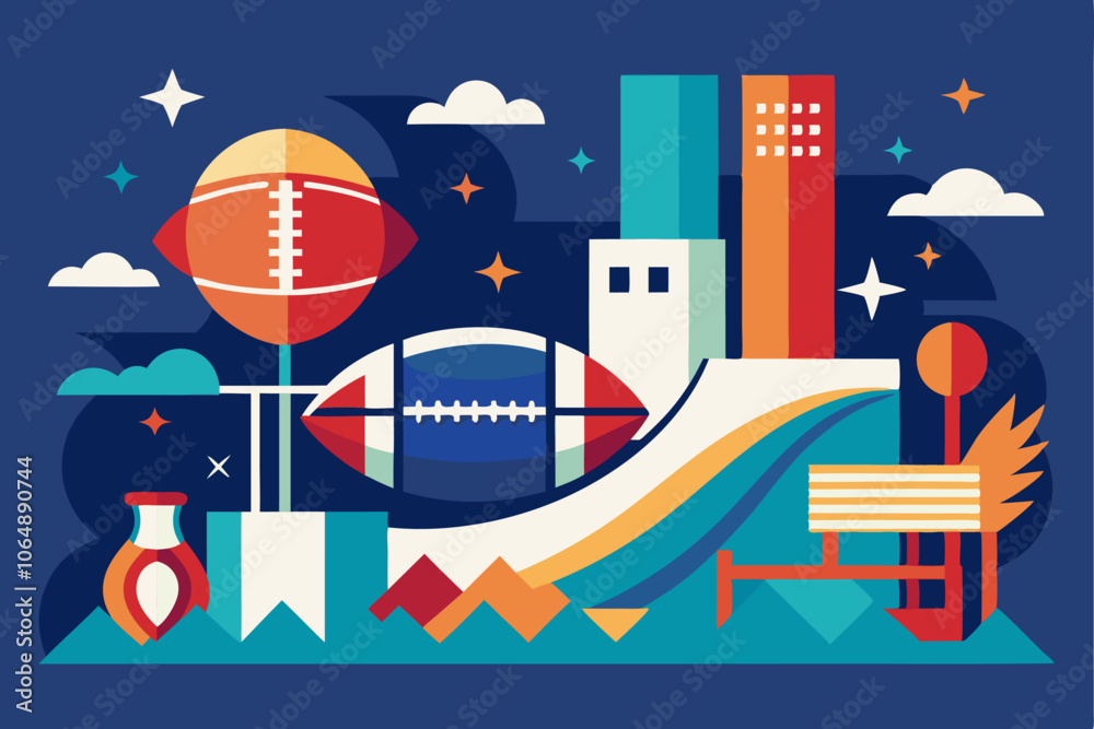 Abstract minimalist super bowl scene with geometric designs and futuristic elements Abstract minimalist super bowl scene with geometric designs and futuristic elements