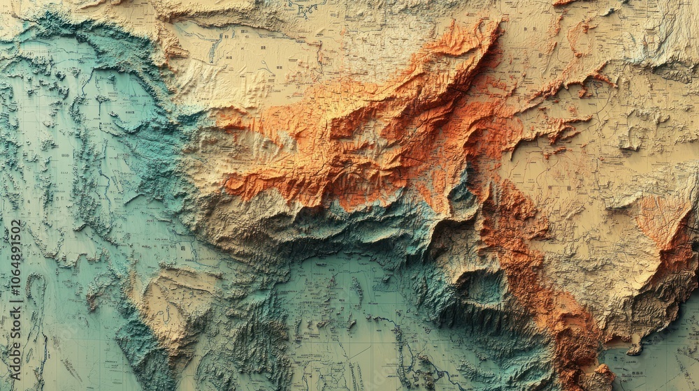 a topographic map of China, featuring the stunning outlines of its mountains, rivers, and valleys, creating an informative a topographic map of China, featuring the stunning outlines of its mountains, rivers, and valleys, creating an informative