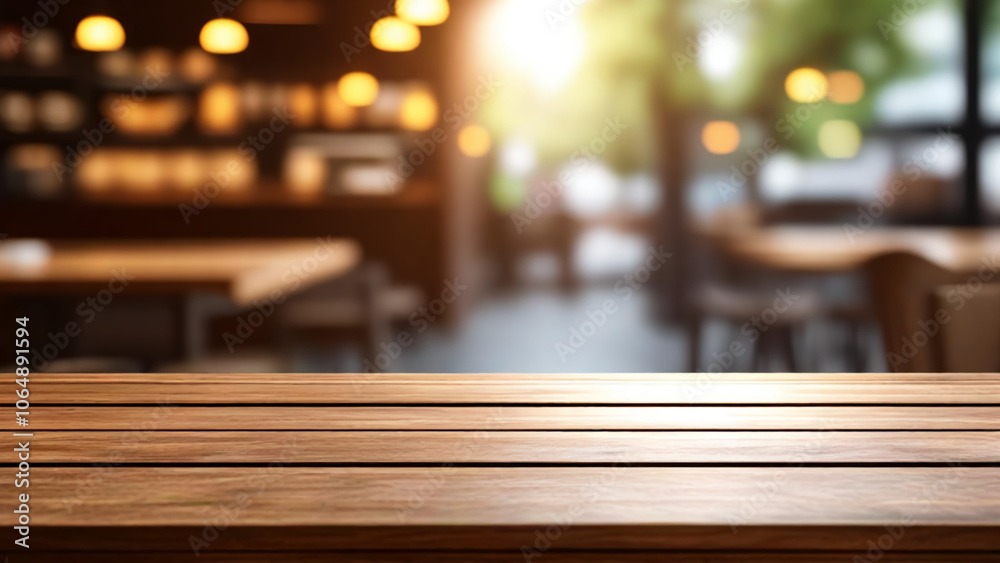 Empty brown wooden table and Coffee shop blur background with bokeh image High quality photo Empty brown wooden table and Coffee shop blur background with bokeh image High quality photo