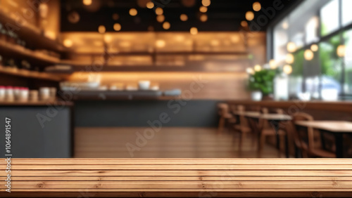 Empty brown wooden table and Coffee shop blur background with bokeh image High quality photo photo