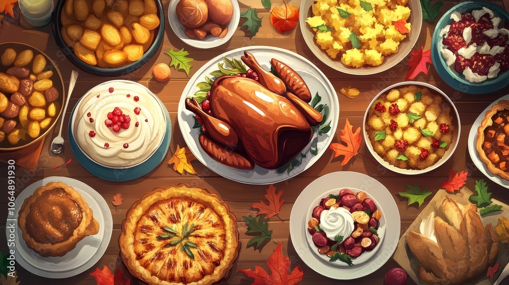 Thanksgiving feast illustration with roasted turkey, various pies, and side dishes on a wooden table adorned with autumn leaves Thanksgiving feast illustration with roasted turkey, various pies, and side dishes on a wooden table adorned with autumn leaves