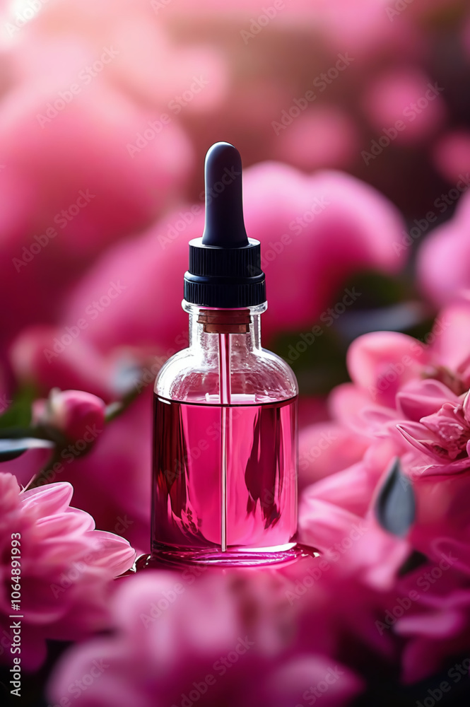 A dropper bottle with pink liquid surrounded by matching pink flowers A dropper bottle with pink liquid surrounded by matching pink flowers
