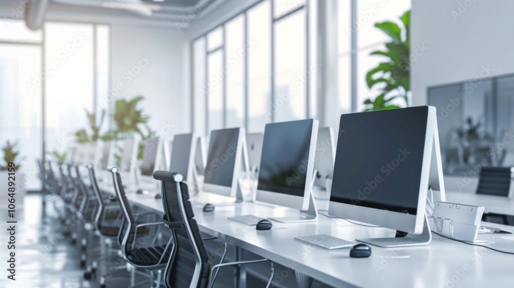 An open, modern office features ergonomic chairs, large windows, green plants, and rows of computers, creating a productive and inviting work environment with natural light and a contemporary design