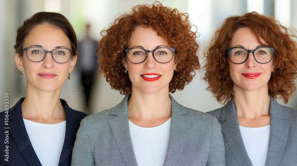 Empowered Women in Business: Three confident businesswomen, each with unique red curly hair and glasses, stand shoulder to shoulder, projecting strength, competence, and collaboration. Empowered Women in Business: Three confident businesswomen, each with unique red curly hair and glasses, stand shoulder to shoulder, projecting strength, competence, and collaboration.