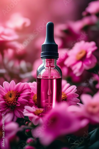 A dropper bottle with pink liquid surrounded by matching pink flowers photo