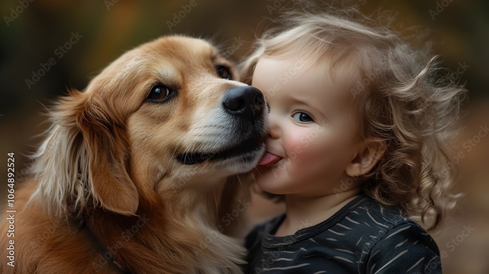 Loving Dog Licking Child's Face in Playful,Family-Friendly Portrait Loving Dog Licking Child's Face in Playful,Family-Friendly Portrait