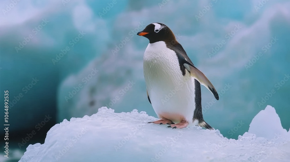 Fototapeta premium Gentoo Penguin Standing Alone on Iceberg in Antarctica