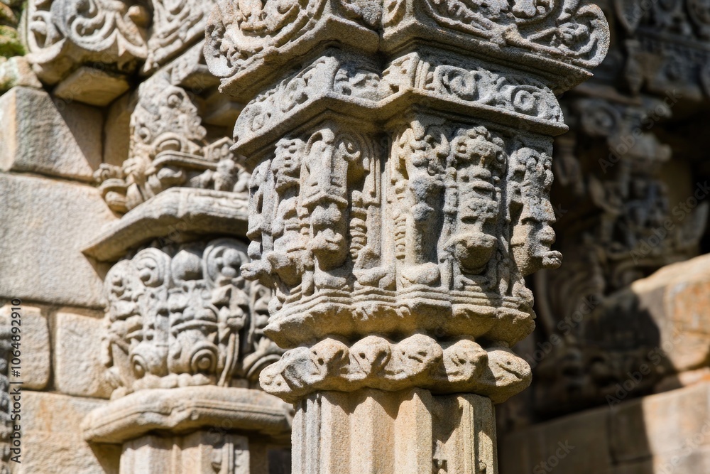 Intricate stone carvings on a temple pillar showcasing detailed craftsmanship. Intricate stone carvings on a temple pillar showcasing detailed craftsmanship.
