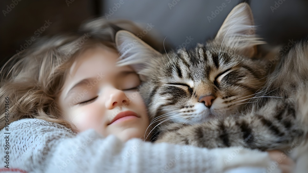 Peaceful Cat Napping Next to Sleeping Child in Cozy Bedroom Peaceful Cat Napping Next to Sleeping Child in Cozy Bedroom